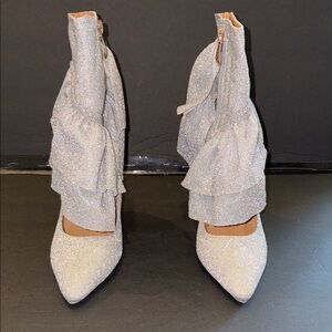 Cape Robbin Silver Stiletto Heeled Boots with Elegant Ruffles
